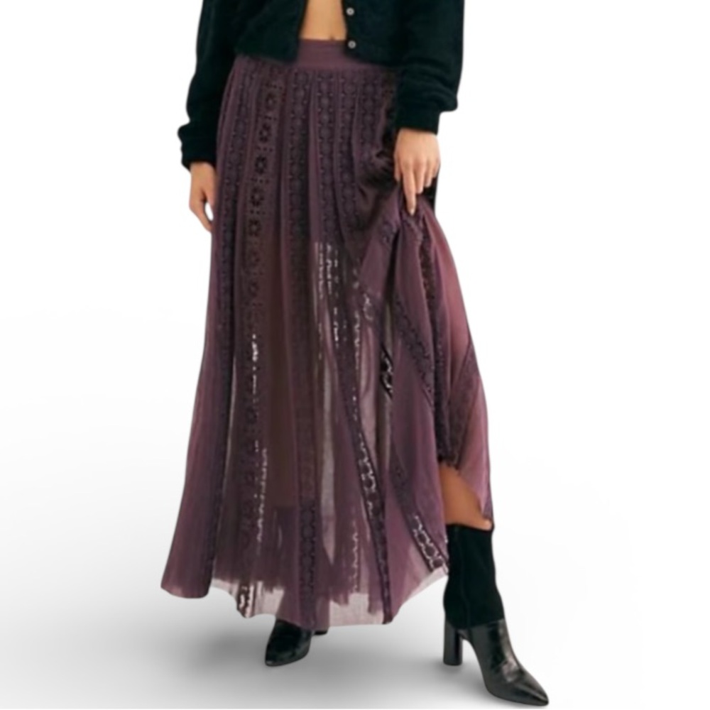 Free People Elegant Eggplant Purple Lace Maxi Skirt RARE - Picture 2 of 11